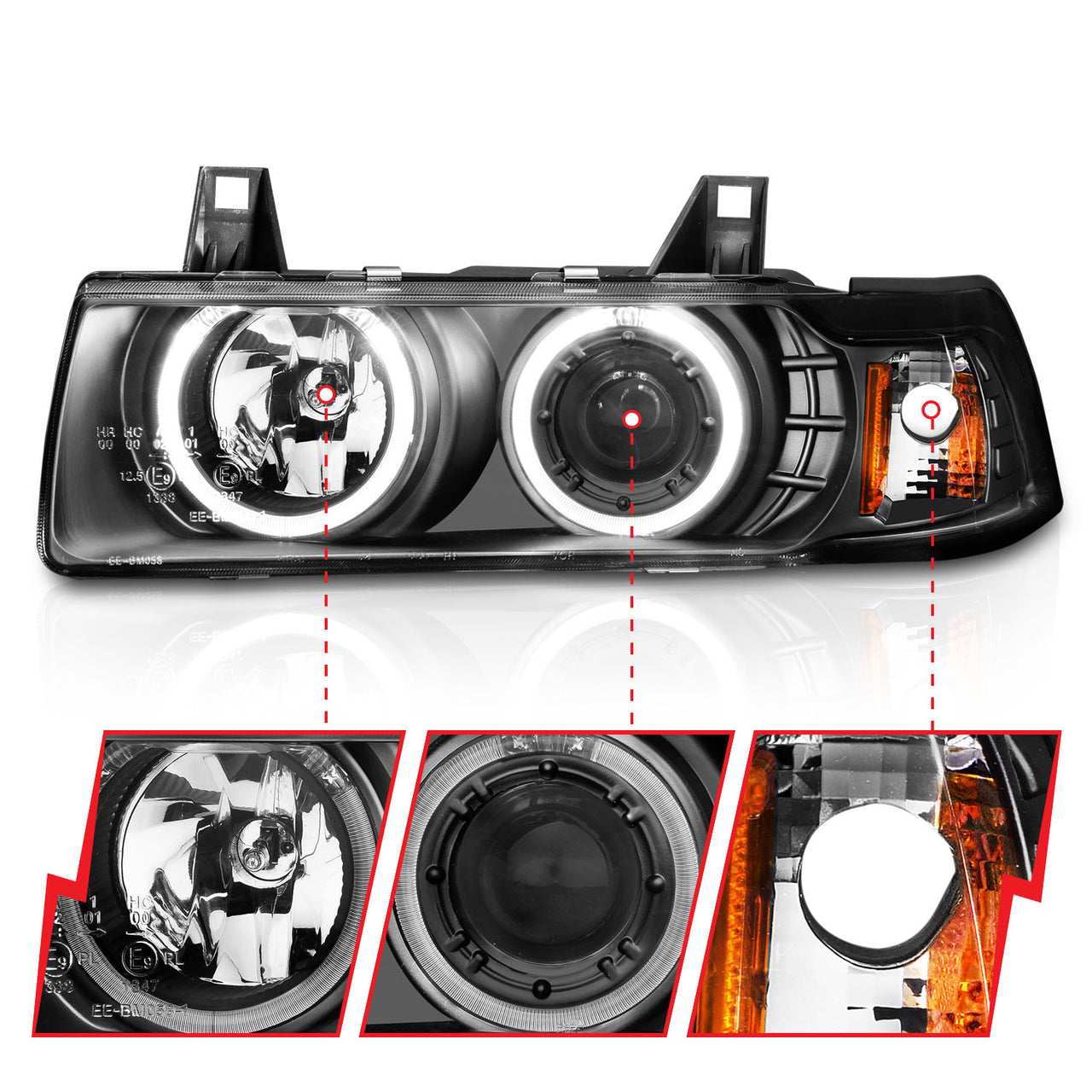 BMW 3 SERIES E36 92-98 4DR PROJECTOR HALO HEADLIGHTS G2 BLACK 1PC