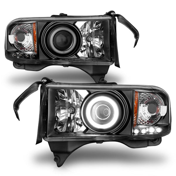 thumbnail image 2 of Maxcomotors Jet Black Projector Headlights For 1994-2001 Dodge Ram 1500 2500 3500 – With LED Halo, Halogen, Pair 2 of 6
