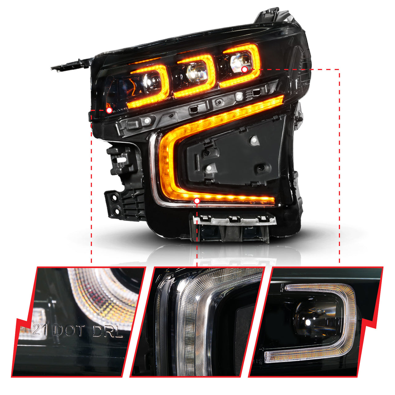 CHEVY TAHOE/SUBURBAN 21-24 FULL LED PROJECTOR HEADLIGHTS BLACK W/ AMBER DRL & INITIATION FEATURE
