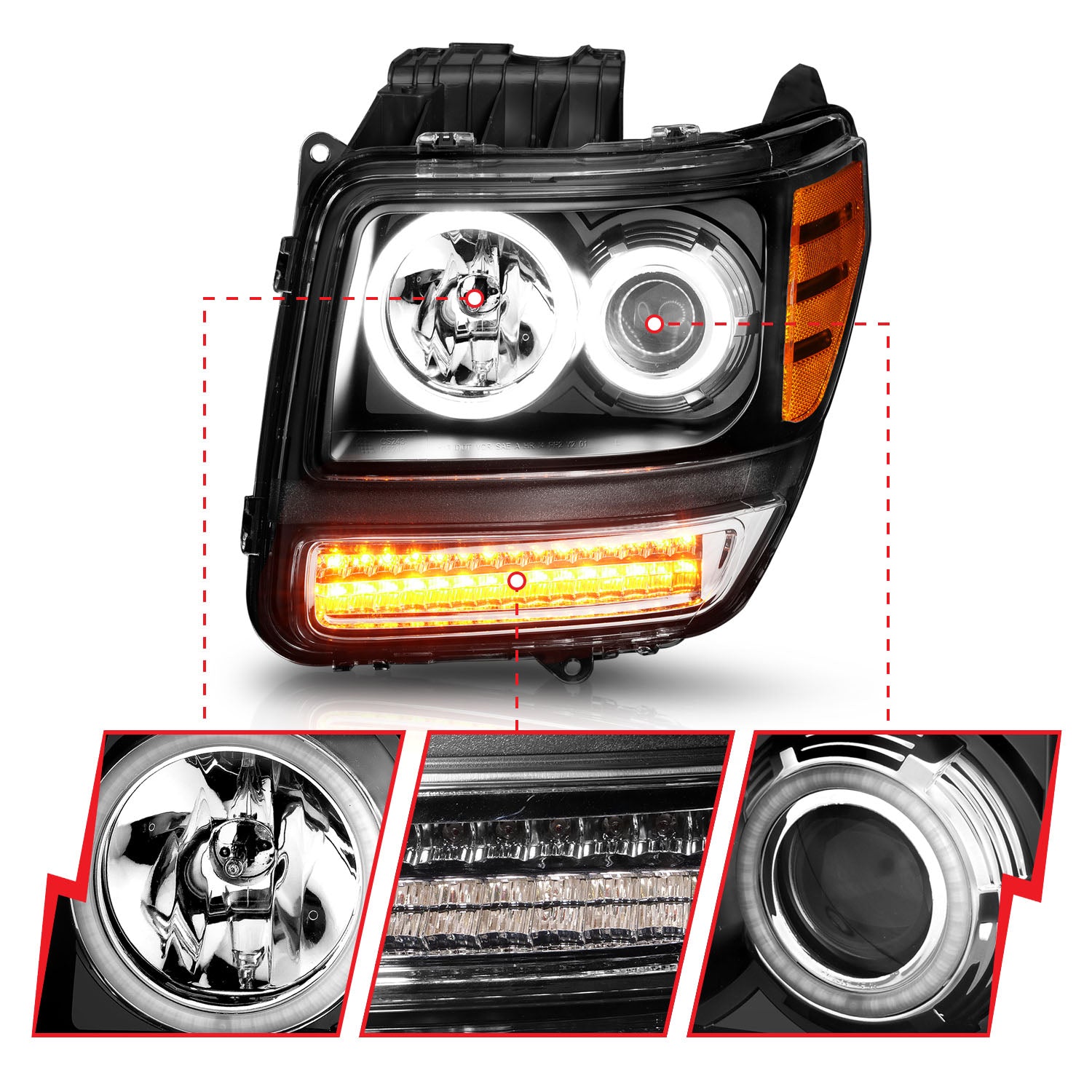 DODGE NITRO 07-12 PROJECTOR HEADLIGHTS BLACK G2 W/ RX HALO & LED SIGNA