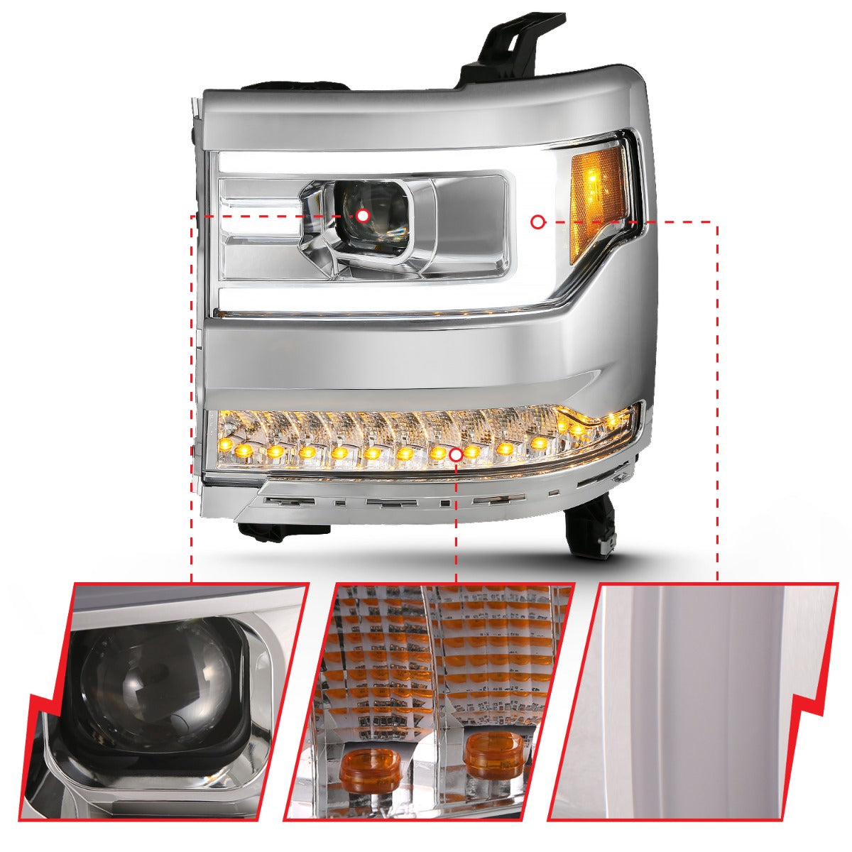 CHEVY SILVERADO 1500 16-18 PROJECTOR PLANK STYLE HEADLIGHTS CHROME (FO