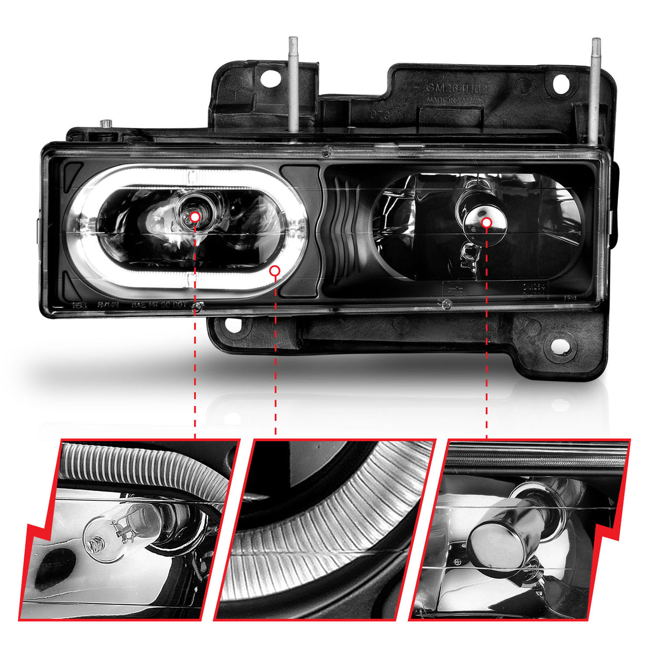CHEVY/GMC C/K1500/2500 88-98 / C/K3500 88-00 / SUBURBAN 92-99 / BLAZER (FULL-SIZE) 92-94 / TAHOE 95-99 / YUKON 92-99 CRYSTAL HALO HEADLIGHTS BLACK