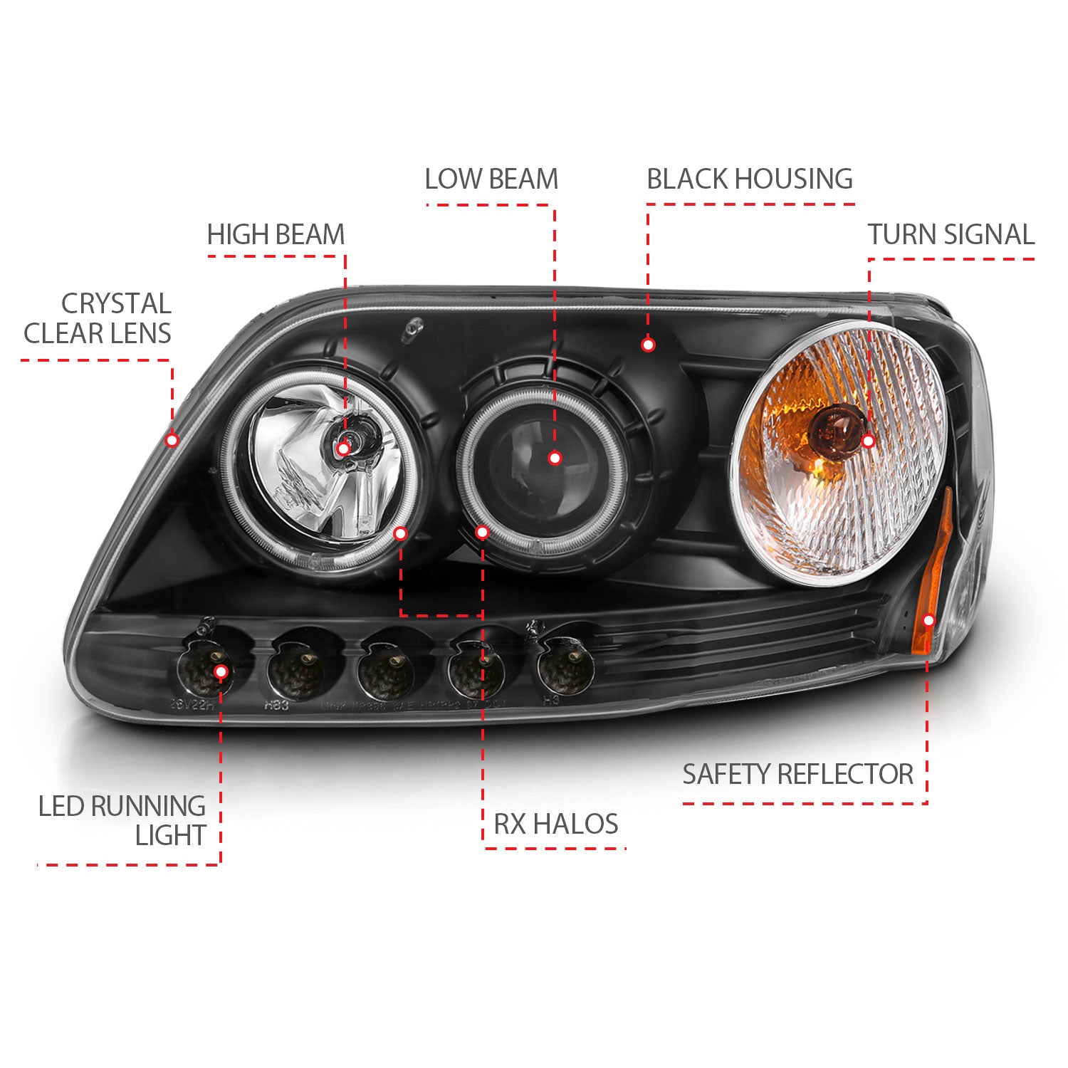 FORD F-150 97-03 / EXPEDITION 97-02 PROJECTOR HEADLIGHTS BLACK W/ RX H