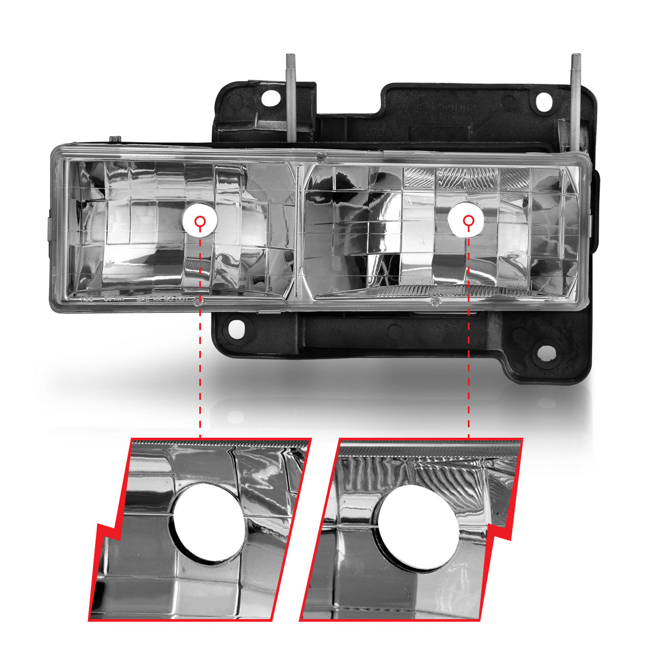 CHEVY/GMC C/K1500/2500 88-98 / C/K3500 88-00 / SUBURBAN 92-99 / BLAZER (FULL-SIZE) 92-94 / TAHOE 95-99 / YUKON 92-99 CRYSTAL HEADLIGHTS CHROME (W/O BULBS)