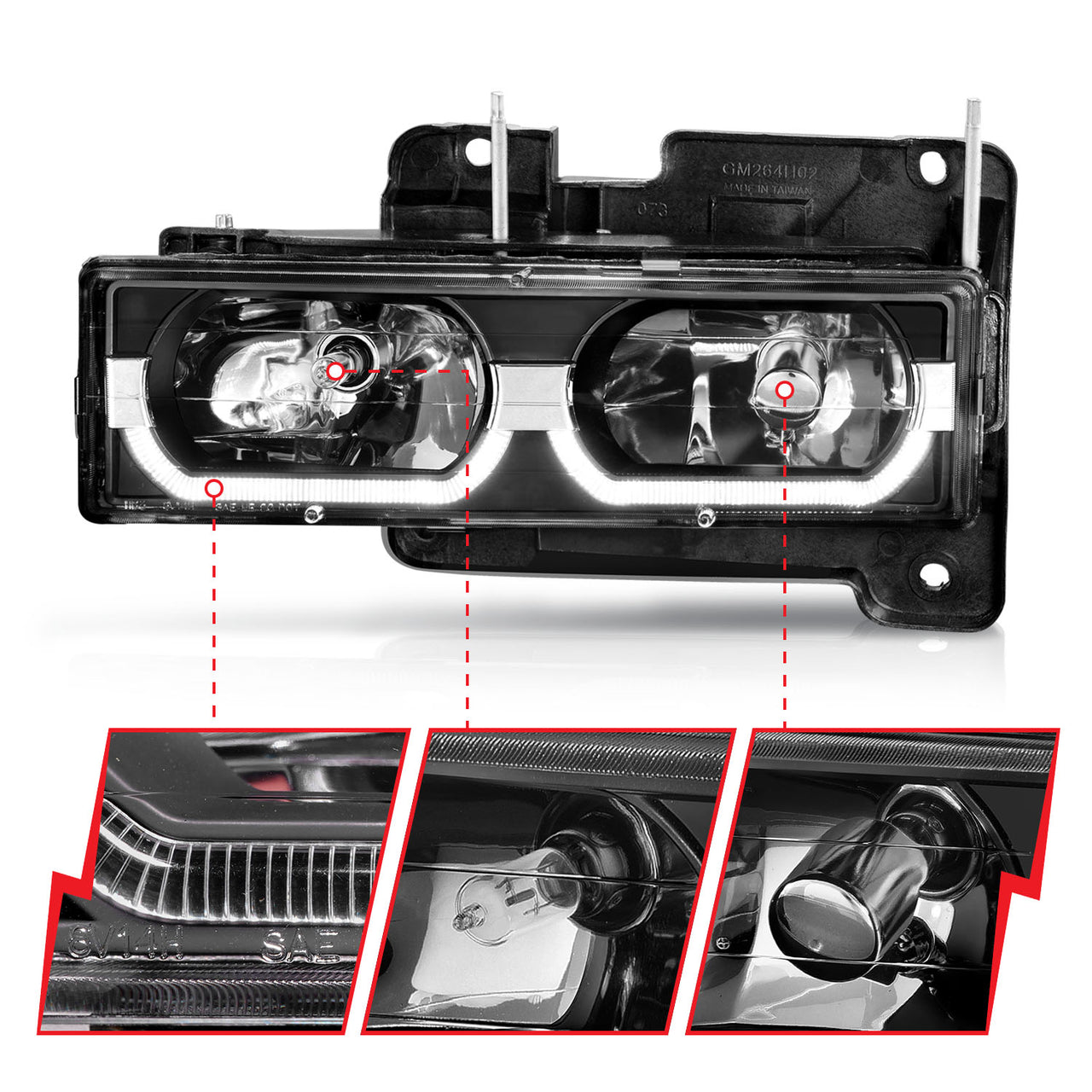 CHEVY/GMC C/K1500/2500 88-98 / C/K3500 88-00 / SUBURBAN 92-99 / BLAZER (FULL-SIZE) 92-94 / TAHOE 95-99 / YUKON 92-99 CRYSTAL HEADLIGHTS W/ LED LOW-BROW BLACK