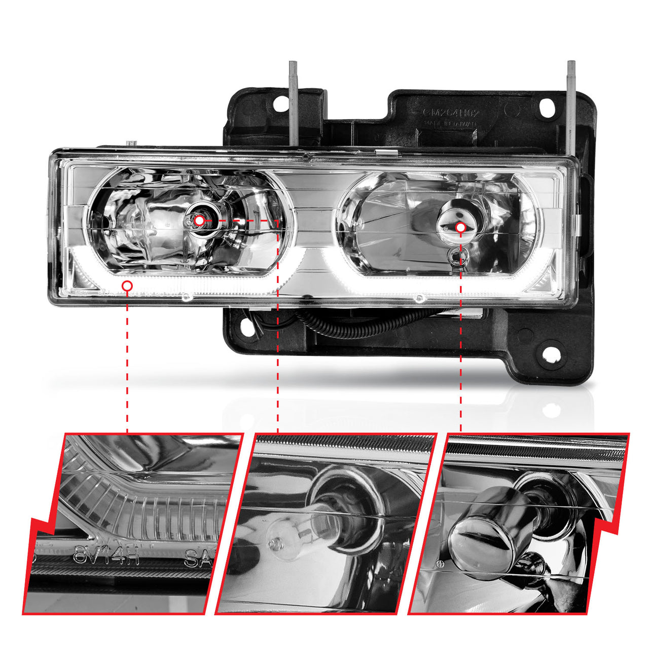 CHEVY/GMC C/K1500/2500 88-98 / C/K3500 88-00 / SUBURBAN 92-99 / BLAZER (FULL-SIZE) 92-94 / TAHOE 95-99 / YUKON 92-99 CRYSTAL LOW-BROW HEADLIGHTS CHROME