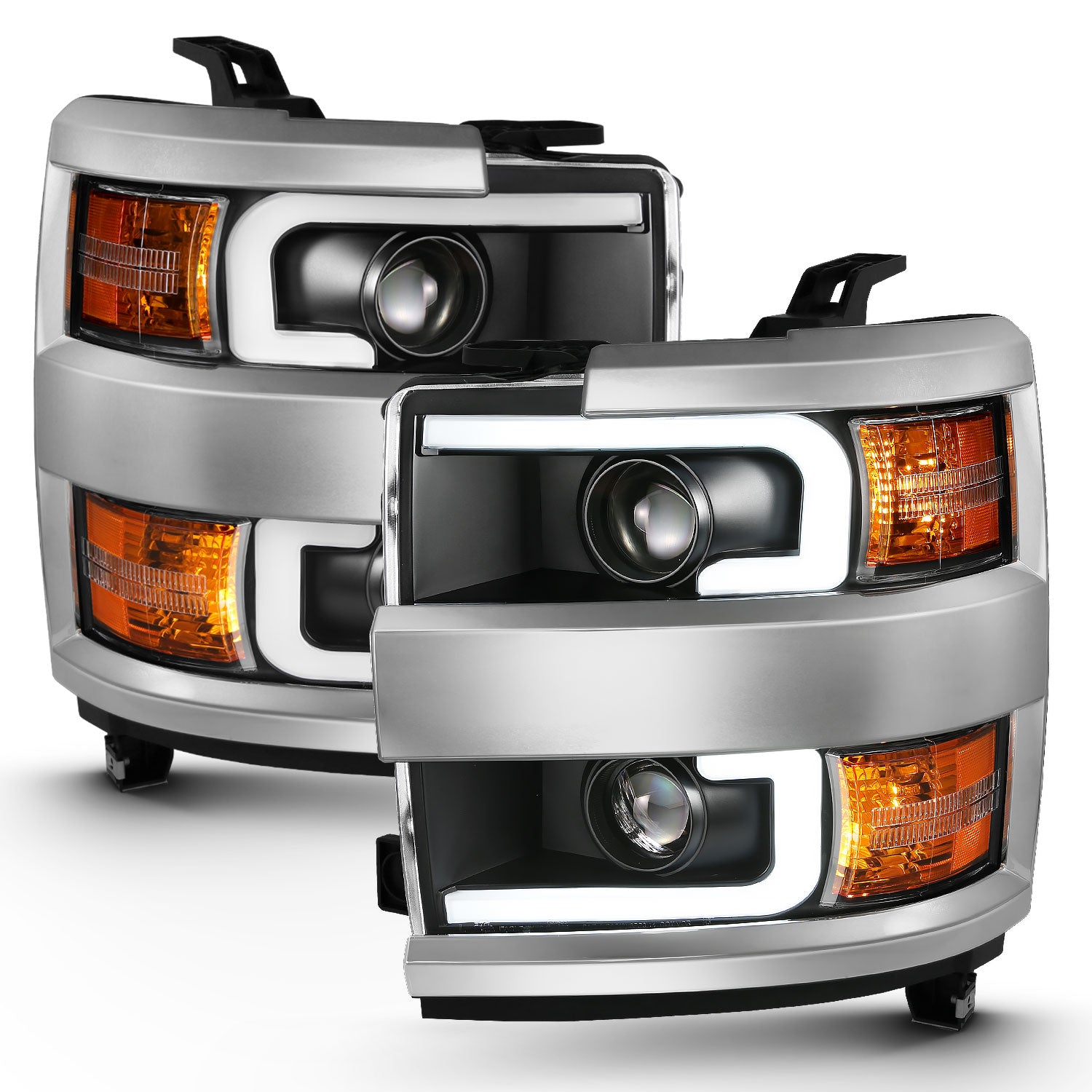 ANZO USA Projector Plank Style Headlights, Black/Chrome Trim (Halogen Models Only) for 2015-2019 Chevrolet Silverado 2500HD/3500HD (6.6L Duramax V8 (LML), 6.6L Duramax V8 (L5P))