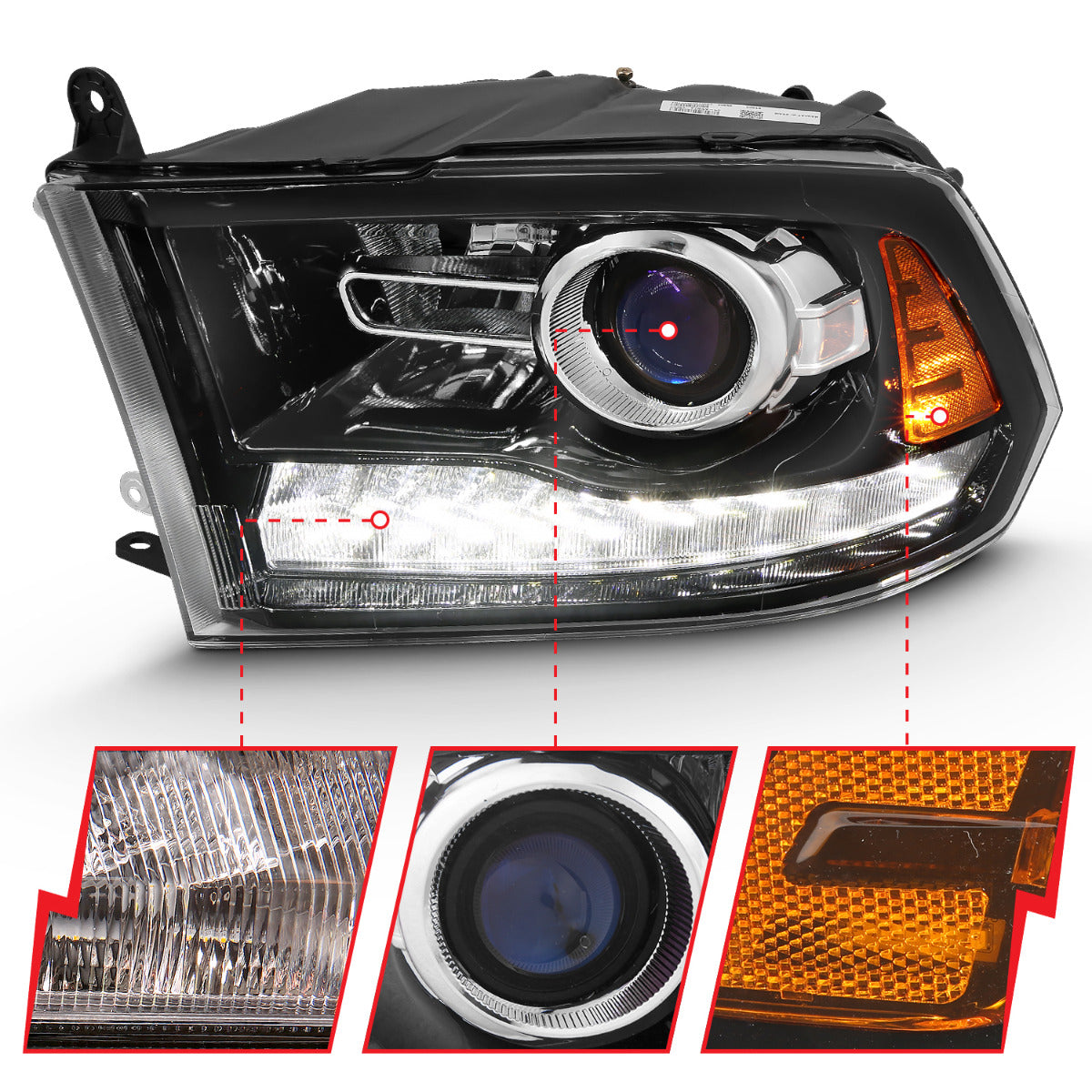 DODGE RAM 1500 09-18 / 2500/3500 10-18 PROJECTOR PLANK STYLE SWITCHBACK HEADLIGHTS GLOSS BLACK (OE STYLE) (FOR ALL MODELS)