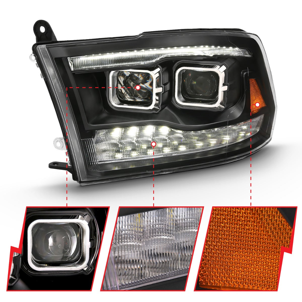 DODGE RAM 1500 09-18 /RAM 2500/3500 10-18 DUAL PROJECTOR SWITCHBACK HEADLIGHTS BLACK (FOR ALL MODELS)