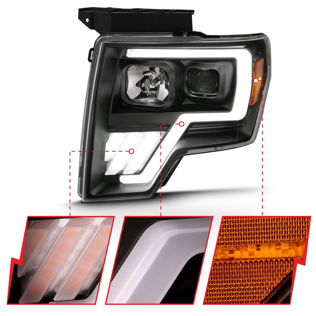 FORD F-150 09-14 PROJECTOR PLANK STYLE HEADLIGHTS BLACK W/ SWITCHBACK SIGNAL (FOR HALOGEN MODEL)