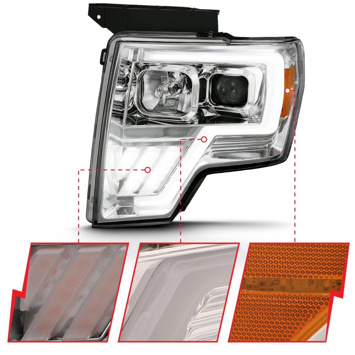 FORD F-150 09-14 PROJECTOR PLANK STYLE HEADLIGHTS CHROME W/ SWITCHBACK SIGNAL (FOR HALOGEN MODEL)