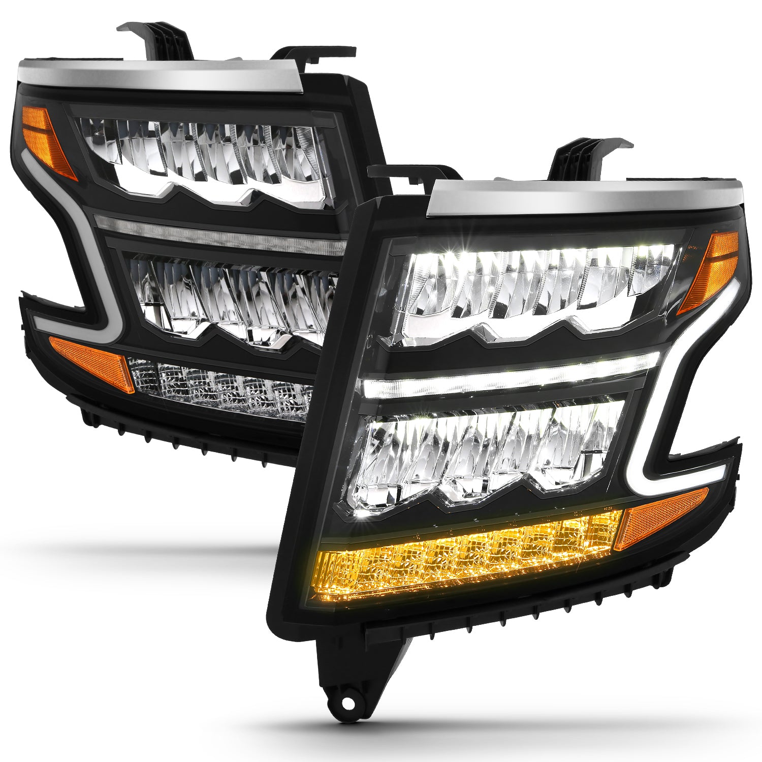 Projector Black Headlights With LED DRL For 2015-2020 Chevy Tahoe & Suburban – Pair, Clear Lens, Shiny Black Housing
