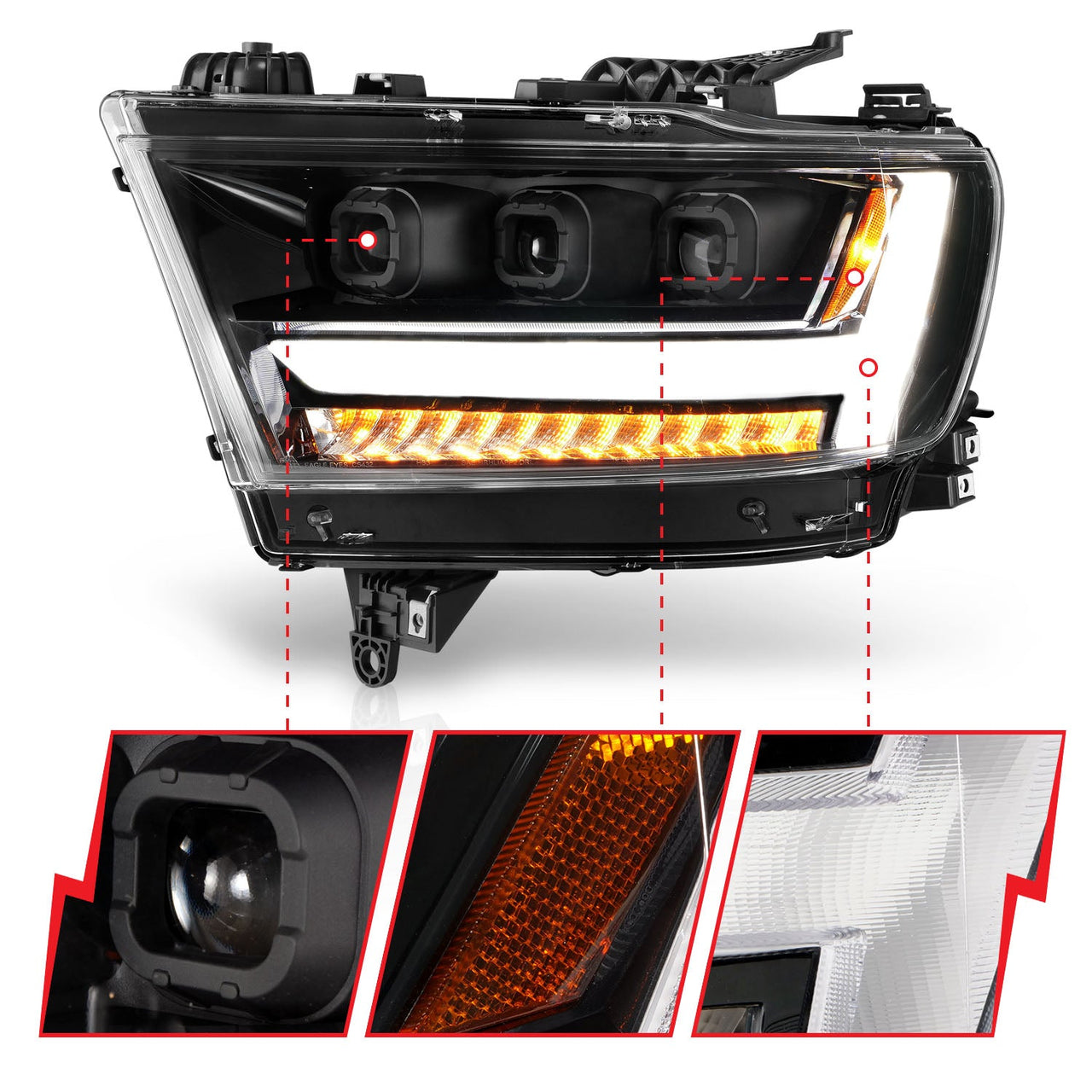 RAM 1500 (NEW BODY) 19-21 FULL LED PROJECTOR HEADLIGHTS BLACK W/ SEQUENTIAL SIGNAL  (DOES NOT FIT ON FACTORY LED MODELS)