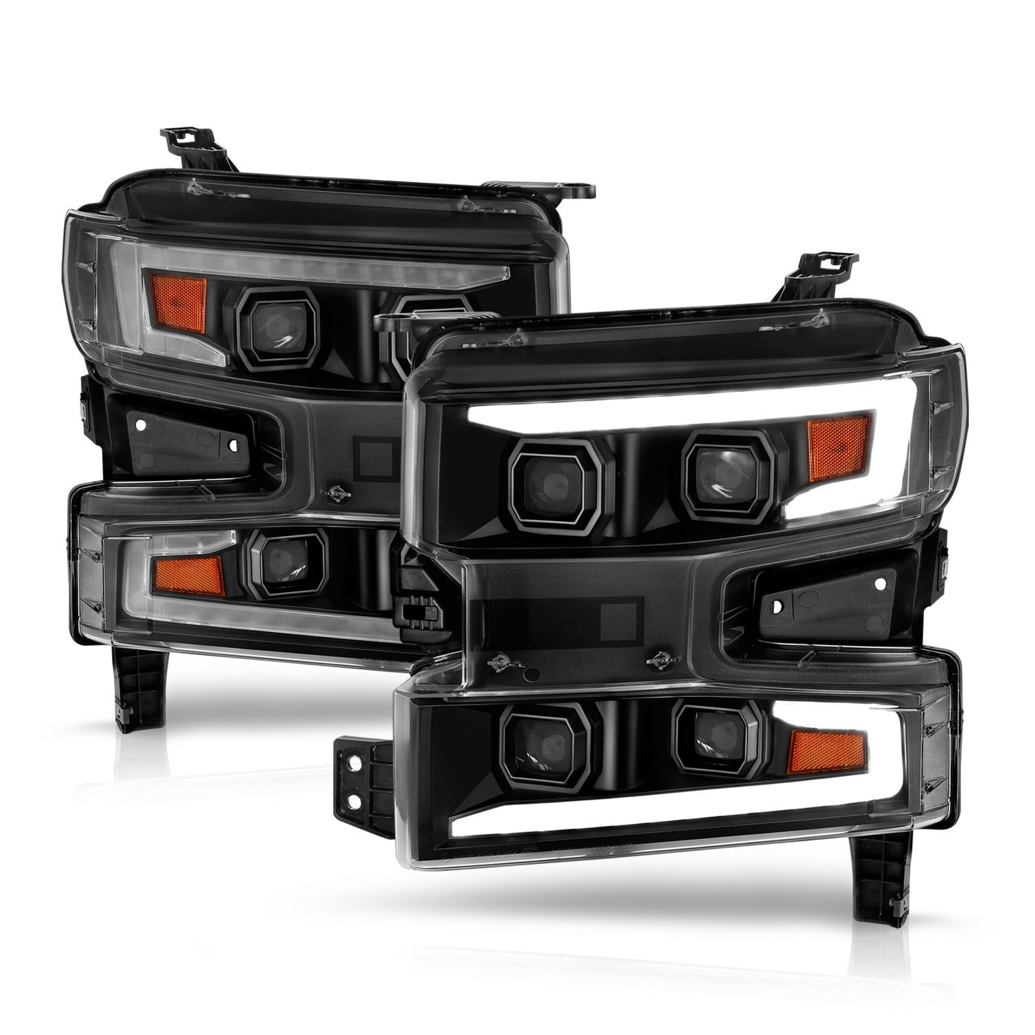 ANZO USA Full LED Projector Plank Style Headlights, Black w/ Initiation Feature (for halogen models only) for 2019-2021 (pre-refresh) Chevrolet Silverado 1500 (5.3L V8, 6.2L V8, 2.7L Turbo I4)