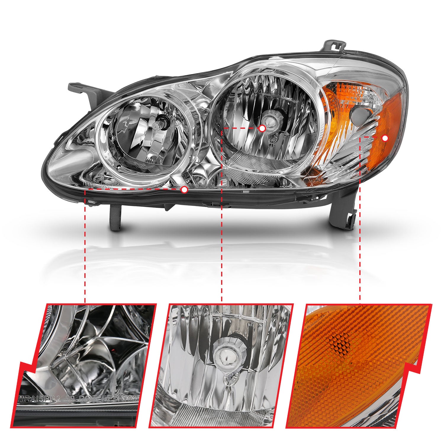 Chrome Headlight Pair For Toyota Corolla 2003-2008 – LH+RH, Clear Lens, DOT