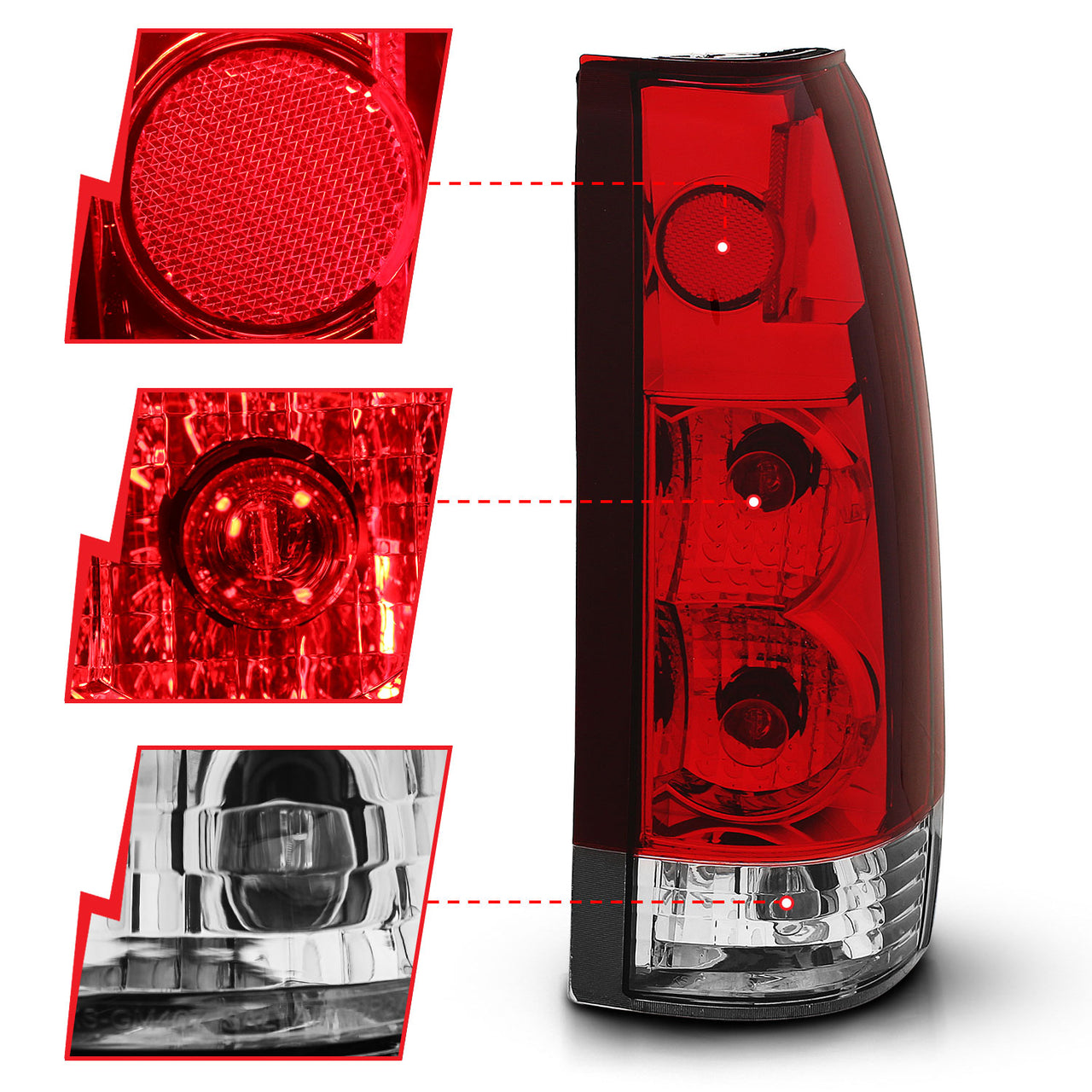 CHEVY/GMC C/K1500/2500 88-98 / C/K3500 88-00 / SUBURBAN 92-99 / BLAZER (FULL-SIZE) 92-94 / TAHOE 95-99 / YUKON 92-99 TAIL LIGHTS CHROME RED/CLEAR LENS G2