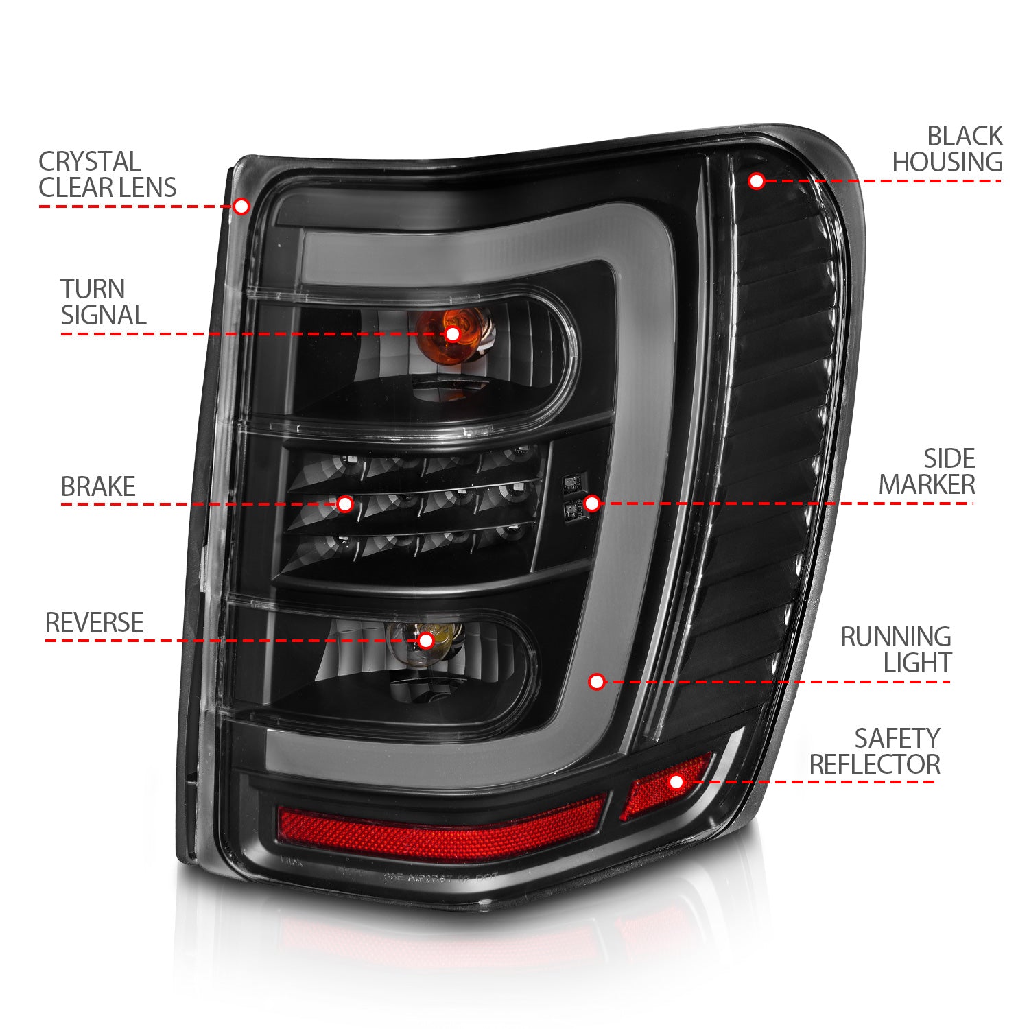JEEP GRAND CHEROKEE 99-04 LED C BAR TAIL LIGHTS BLACK CLEAR LENS