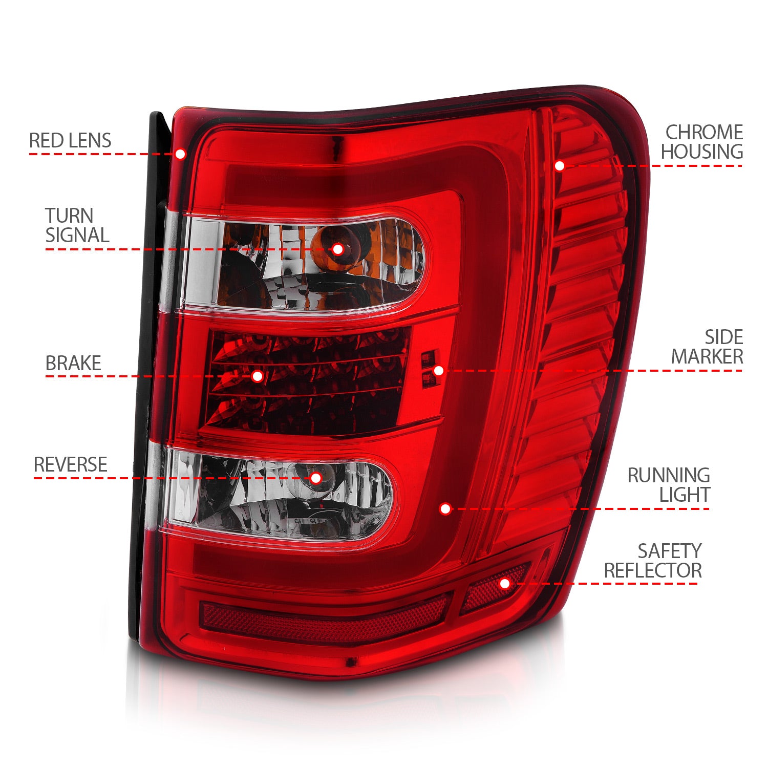 JEEP GRAND CHEROKEE 99-04 LED C BAR TAIL LIGHTS CHROME RED/CLEAR LENS