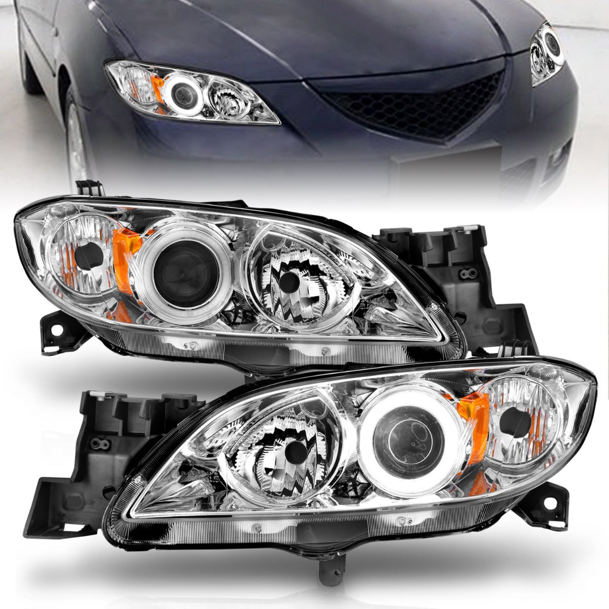 MAZDA 3 04-08 4DR PROJECTOR HEADLIGHTS CHROME W/ RX HALO